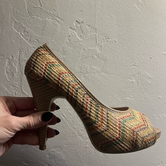 Italian Henry Ferrera Tan Y2K Peep Toe Wicker Wood Heels Stiletto Pumps 8 Italy - Picture 15 of 16